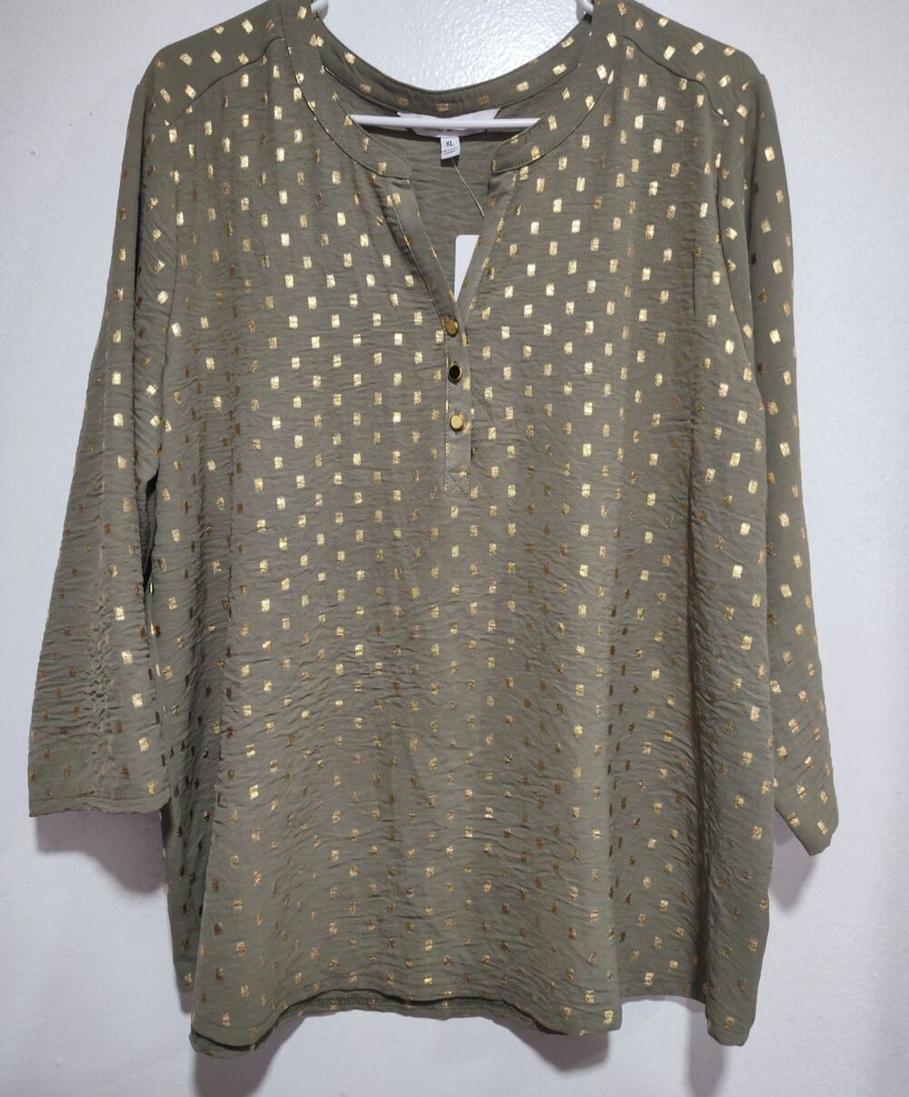 EMILY DANIELS Green Olive Polka Dot Shirt With Metallic Gold Squares Size XL